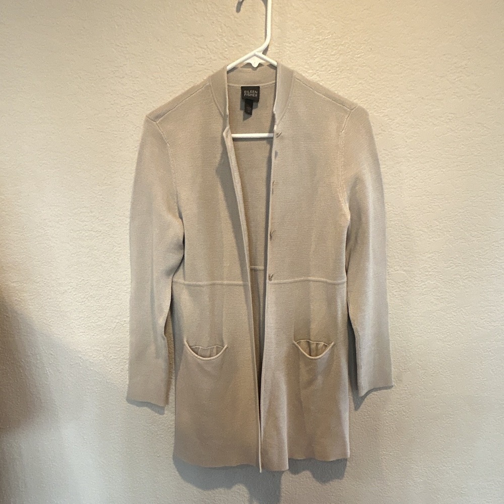 Eileen Fisher Women's Beige Silk Cotton Knit Cardigan Sweater XS Pockets Button